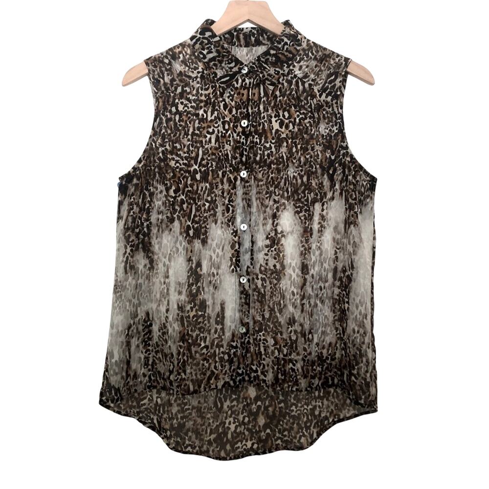 Chico's Leopard Print Semi-Sheer Button Up Sleeveless Collar Tank Blouse Top 1